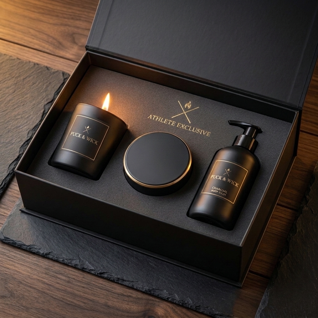 Puck & Wick Matte Obsidian Luxury Candle, Lauson-98 Odor Puck, and Charcoal Wash Gift Box